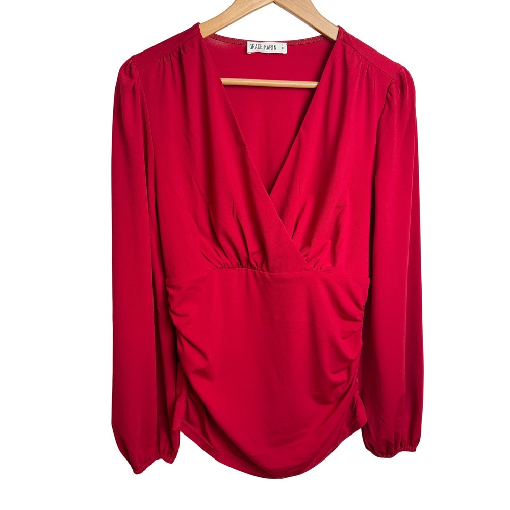 Grace Karin Ruched Blouse M Surplice Neck Red Stretch Office Party Holiday Chic